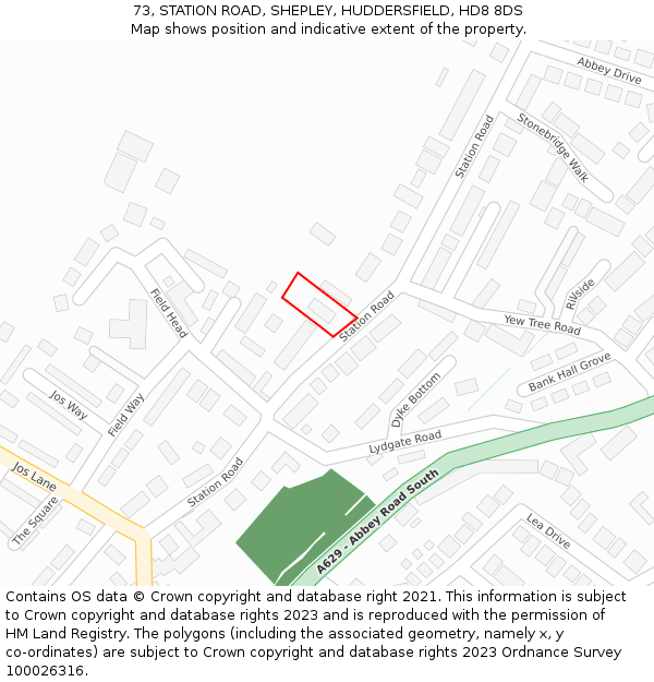 73, STATION ROAD, SHEPLEY, HUDDERSFIELD, HD8 8DS: Location map and indicative extent of plot