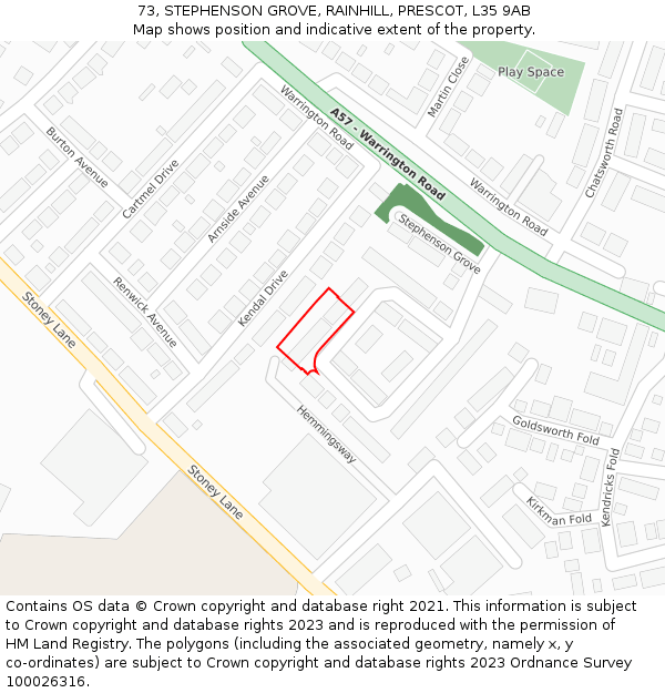 73, STEPHENSON GROVE, RAINHILL, PRESCOT, L35 9AB: Location map and indicative extent of plot