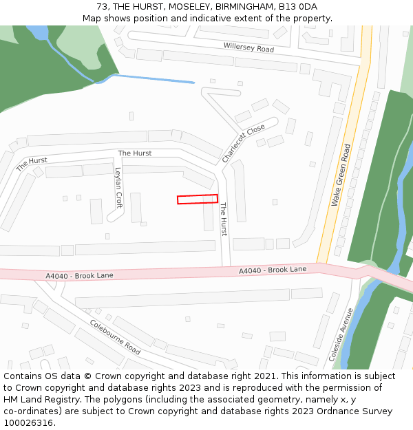 73, THE HURST, MOSELEY, BIRMINGHAM, B13 0DA: Location map and indicative extent of plot