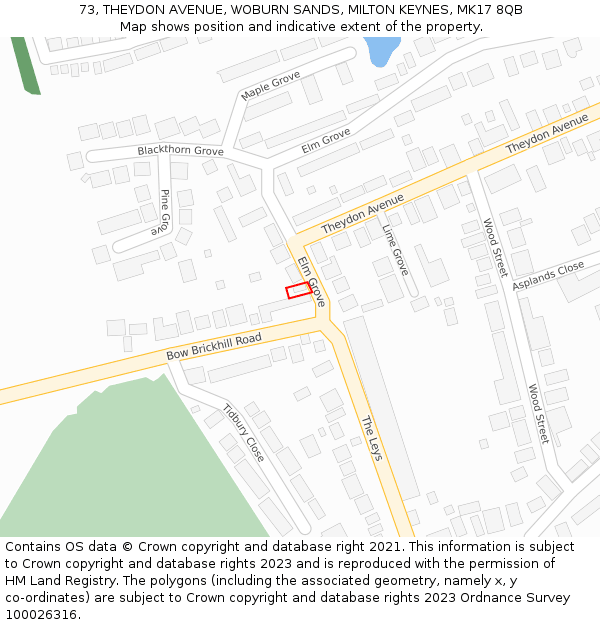 73, THEYDON AVENUE, WOBURN SANDS, MILTON KEYNES, MK17 8QB: Location map and indicative extent of plot