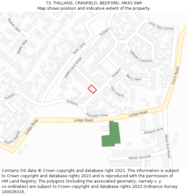 73, THILLANS, CRANFIELD, BEDFORD, MK43 0WP: Location map and indicative extent of plot