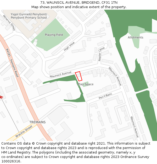 73, WAUNSCIL AVENUE, BRIDGEND, CF31 1TN: Location map and indicative extent of plot