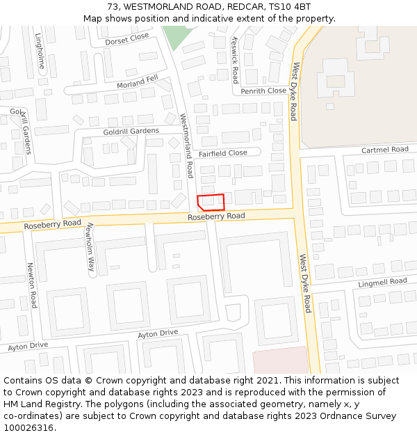 73, WESTMORLAND ROAD, REDCAR, TS10 4BT: Location map and indicative extent of plot