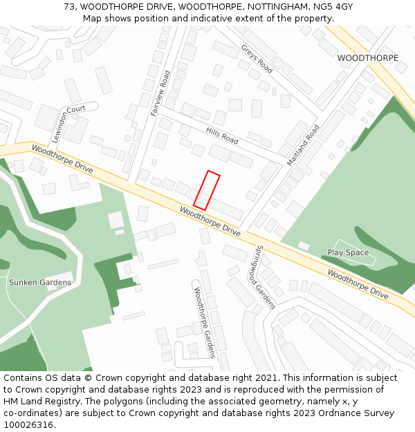 73, WOODTHORPE DRIVE, WOODTHORPE, NOTTINGHAM, NG5 4GY: Location map and indicative extent of plot