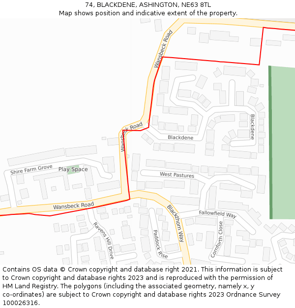 74, BLACKDENE, ASHINGTON, NE63 8TL: Location map and indicative extent of plot