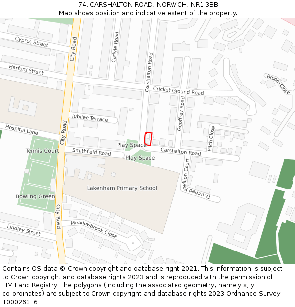 74, CARSHALTON ROAD, NORWICH, NR1 3BB: Location map and indicative extent of plot