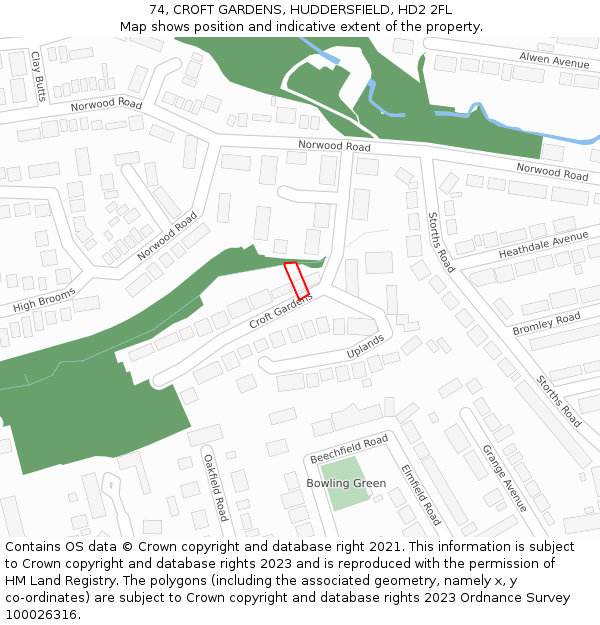 74, CROFT GARDENS, HUDDERSFIELD, HD2 2FL: Location map and indicative extent of plot