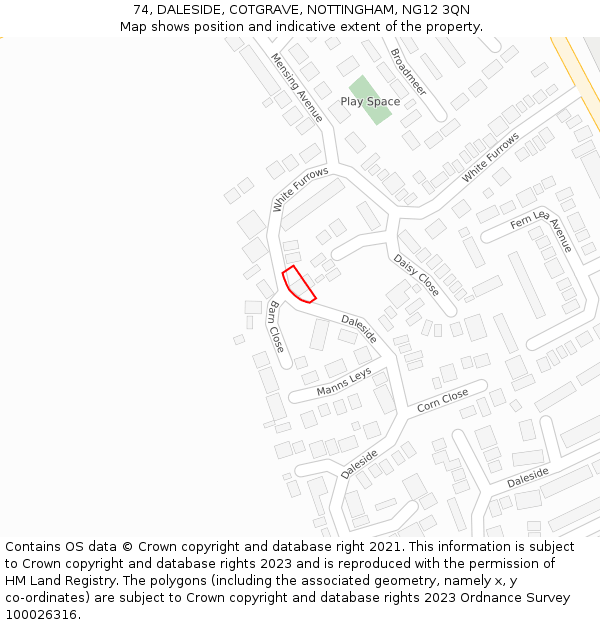 74, DALESIDE, COTGRAVE, NOTTINGHAM, NG12 3QN: Location map and indicative extent of plot