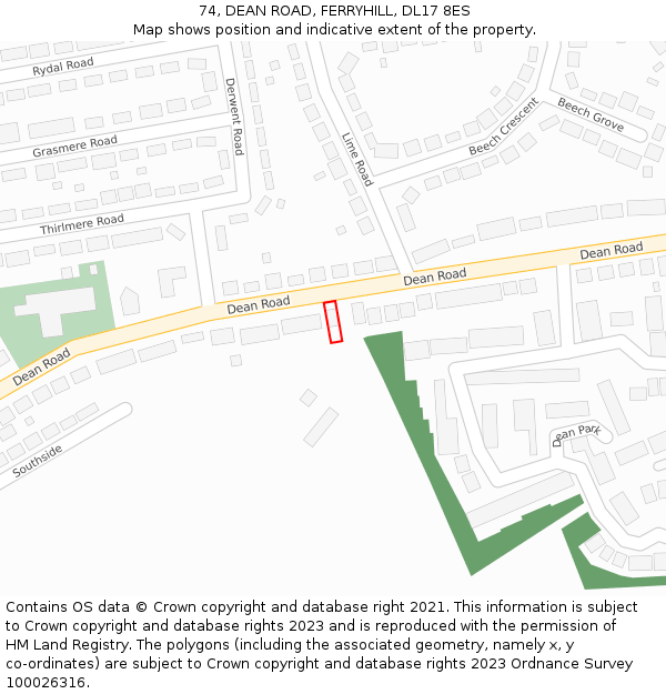 74, DEAN ROAD, FERRYHILL, DL17 8ES: Location map and indicative extent of plot