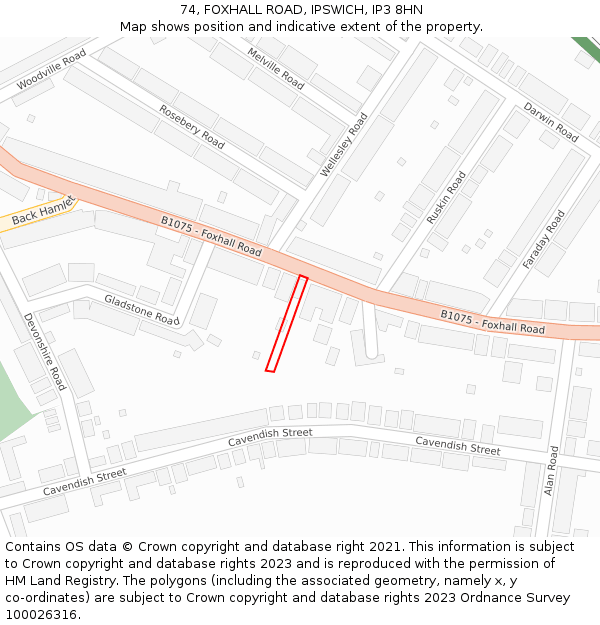 74, FOXHALL ROAD, IPSWICH, IP3 8HN: Location map and indicative extent of plot