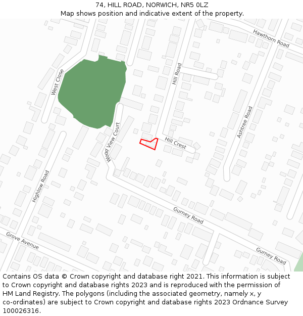 74, HILL ROAD, NORWICH, NR5 0LZ: Location map and indicative extent of plot