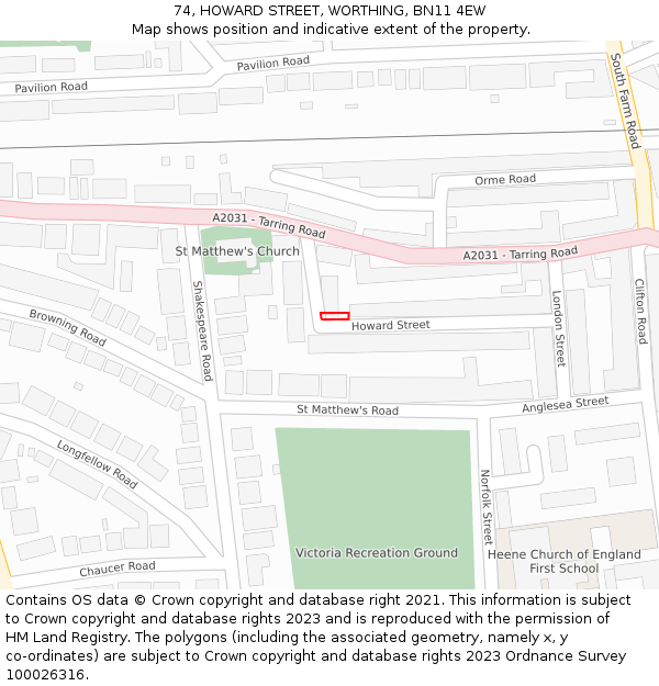 74, HOWARD STREET, WORTHING, BN11 4EW: Location map and indicative extent of plot