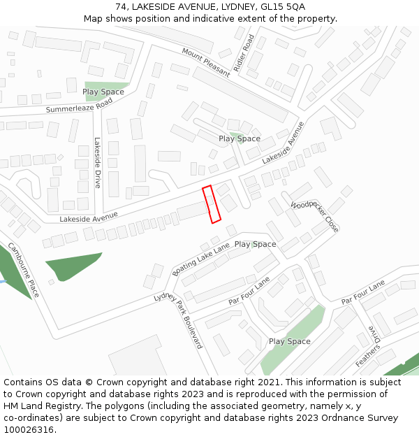 74, LAKESIDE AVENUE, LYDNEY, GL15 5QA: Location map and indicative extent of plot