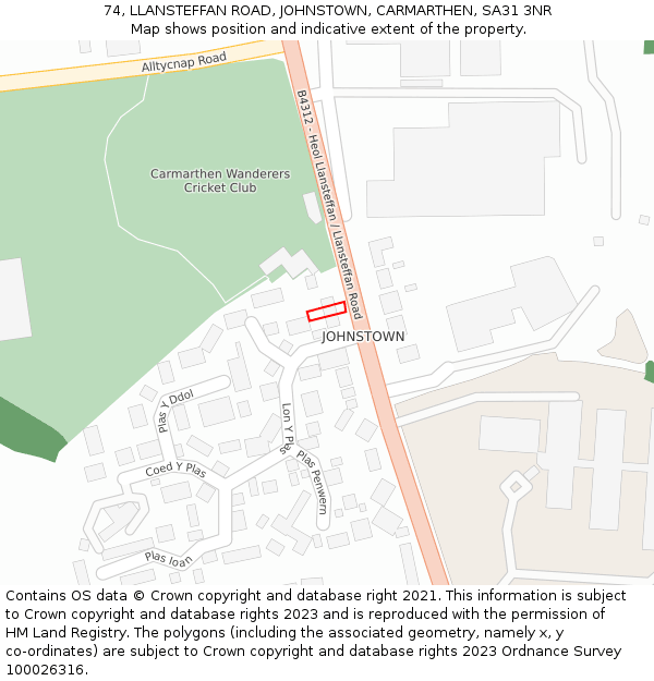 74, LLANSTEFFAN ROAD, JOHNSTOWN, CARMARTHEN, SA31 3NR: Location map and indicative extent of plot