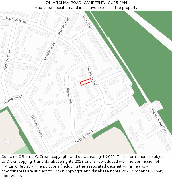 74, MITCHAM ROAD, CAMBERLEY, GU15 4AN: Location map and indicative extent of plot