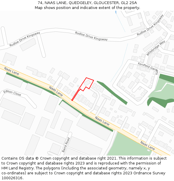 74, NAAS LANE, QUEDGELEY, GLOUCESTER, GL2 2SA: Location map and indicative extent of plot