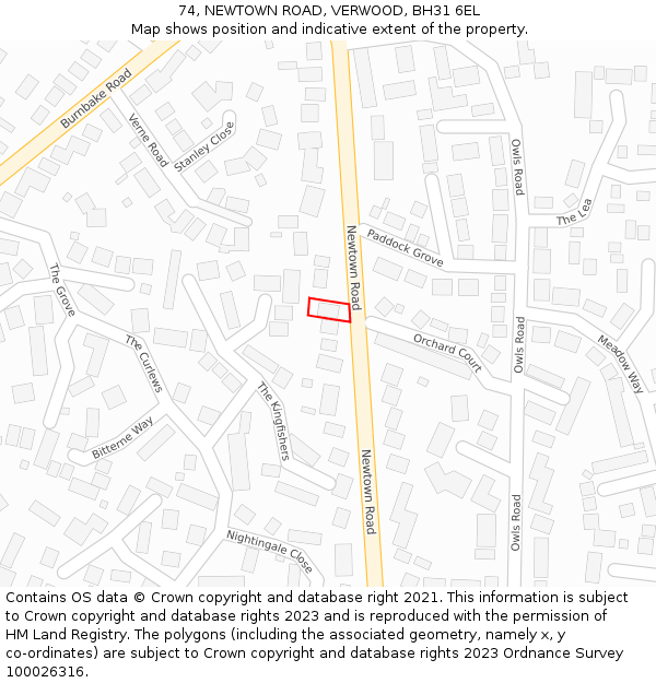 74, NEWTOWN ROAD, VERWOOD, BH31 6EL: Location map and indicative extent of plot