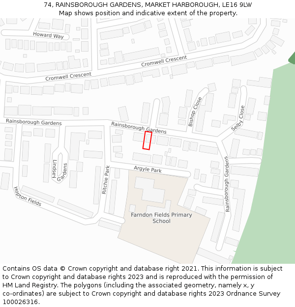 74, RAINSBOROUGH GARDENS, MARKET HARBOROUGH, LE16 9LW: Location map and indicative extent of plot