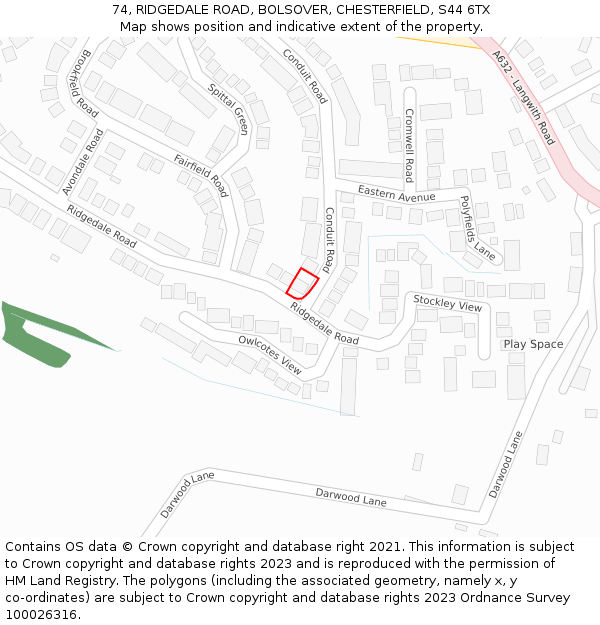 74, RIDGEDALE ROAD, BOLSOVER, CHESTERFIELD, S44 6TX: Location map and indicative extent of plot