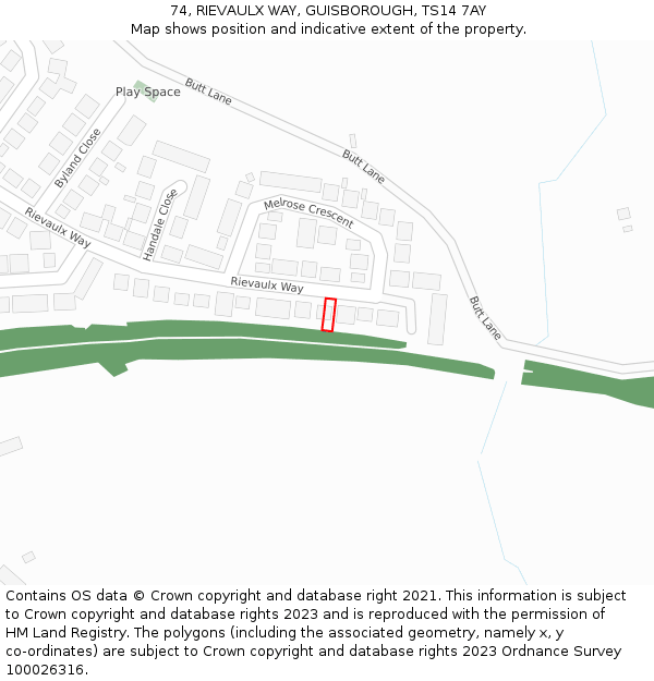 74, RIEVAULX WAY, GUISBOROUGH, TS14 7AY: Location map and indicative extent of plot