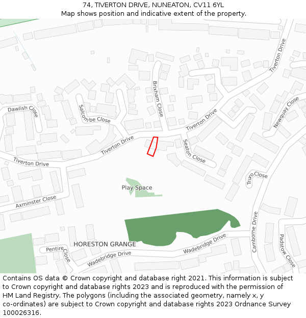 74, TIVERTON DRIVE, NUNEATON, CV11 6YL: Location map and indicative extent of plot