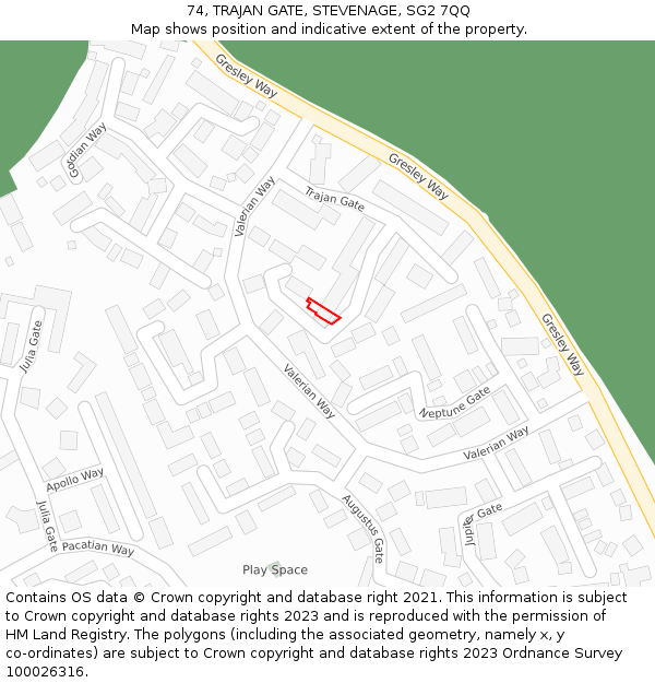 74, TRAJAN GATE, STEVENAGE, SG2 7QQ: Location map and indicative extent of plot