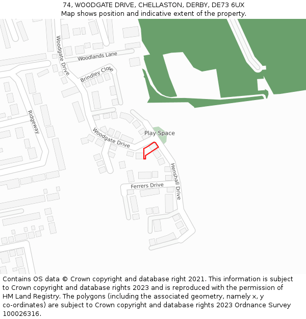 74, WOODGATE DRIVE, CHELLASTON, DERBY, DE73 6UX: Location map and indicative extent of plot