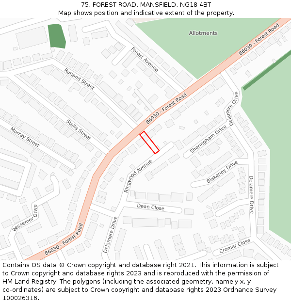 75, FOREST ROAD, MANSFIELD, NG18 4BT: Location map and indicative extent of plot