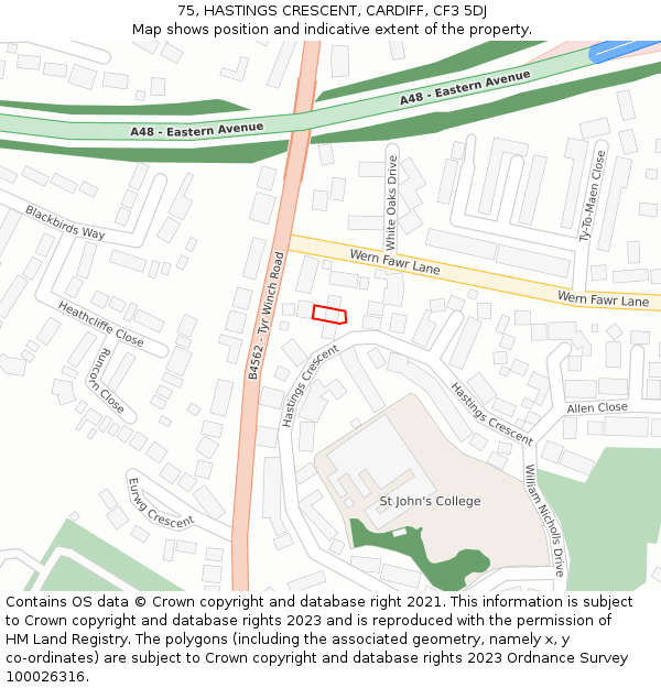 75, HASTINGS CRESCENT, CARDIFF, CF3 5DJ: Location map and indicative extent of plot