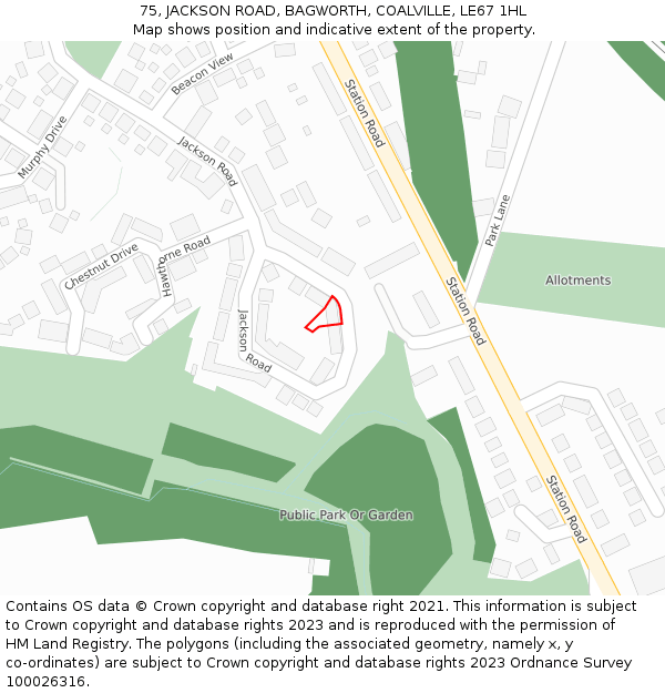 75, JACKSON ROAD, BAGWORTH, COALVILLE, LE67 1HL: Location map and indicative extent of plot