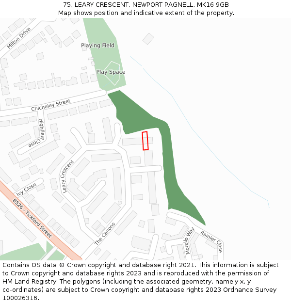 75, LEARY CRESCENT, NEWPORT PAGNELL, MK16 9GB: Location map and indicative extent of plot