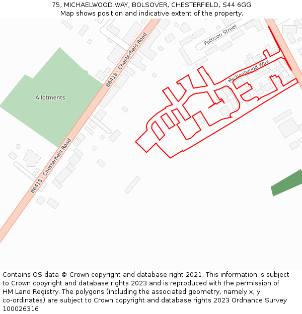 75, MICHAELWOOD WAY, BOLSOVER, CHESTERFIELD, S44 6GG: Location map and indicative extent of plot