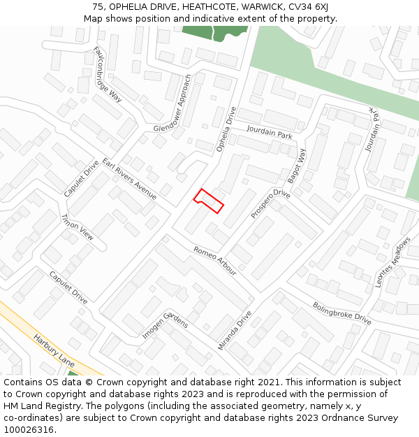 75, OPHELIA DRIVE, HEATHCOTE, WARWICK, CV34 6XJ: Location map and indicative extent of plot