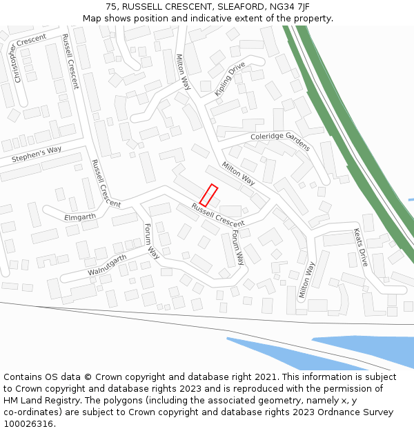 75, RUSSELL CRESCENT, SLEAFORD, NG34 7JF: Location map and indicative extent of plot