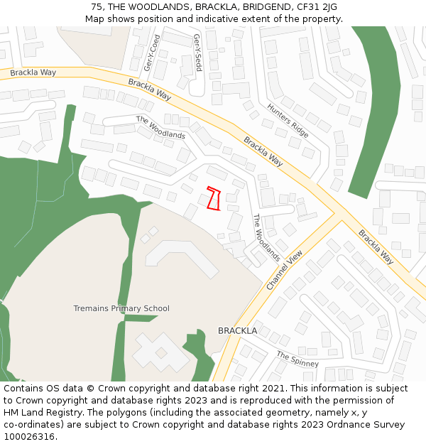 75, THE WOODLANDS, BRACKLA, BRIDGEND, CF31 2JG: Location map and indicative extent of plot