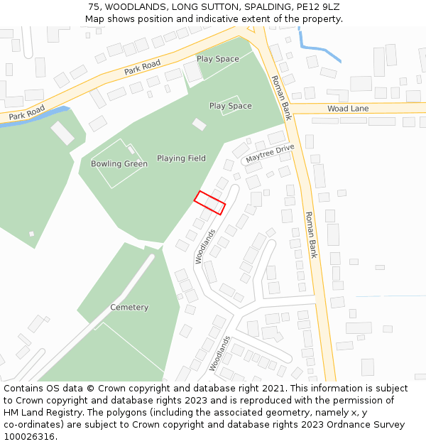 75, WOODLANDS, LONG SUTTON, SPALDING, PE12 9LZ: Location map and indicative extent of plot