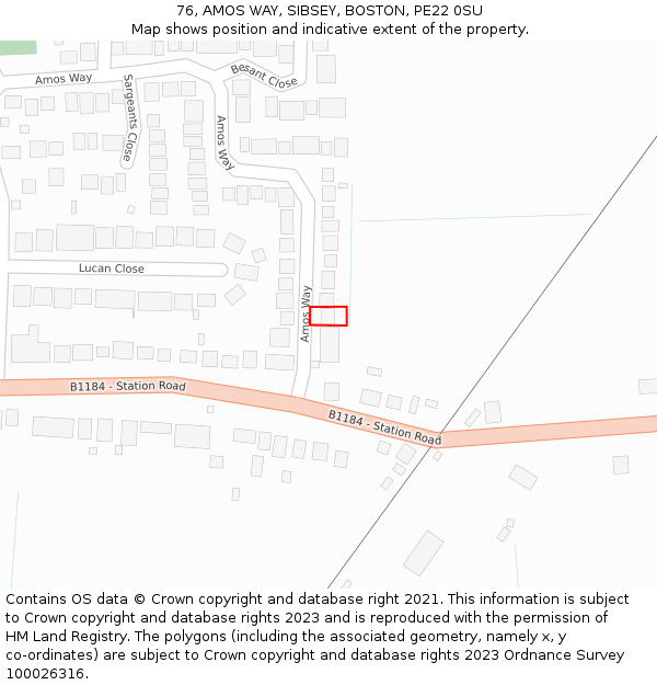 76, AMOS WAY, SIBSEY, BOSTON, PE22 0SU: Location map and indicative extent of plot