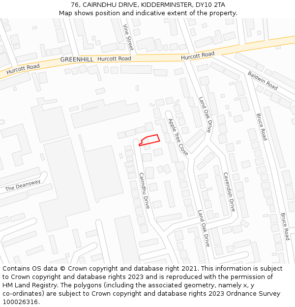 76, CAIRNDHU DRIVE, KIDDERMINSTER, DY10 2TA: Location map and indicative extent of plot