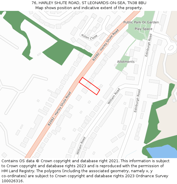 76, HARLEY SHUTE ROAD, ST LEONARDS-ON-SEA, TN38 8BU: Location map and indicative extent of plot