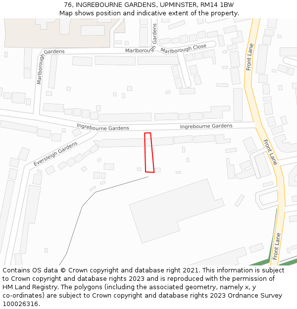 76, INGREBOURNE GARDENS, UPMINSTER, RM14 1BW: Location map and indicative extent of plot