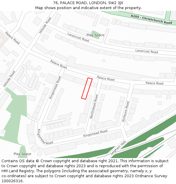 76, PALACE ROAD, LONDON, SW2 3JX: Location map and indicative extent of plot