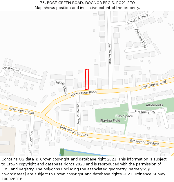 76, ROSE GREEN ROAD, BOGNOR REGIS, PO21 3EQ: Location map and indicative extent of plot