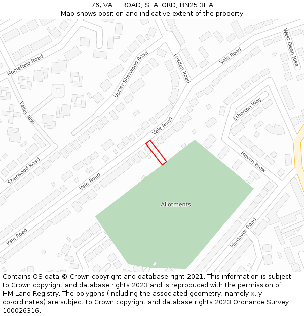 76, VALE ROAD, SEAFORD, BN25 3HA: Location map and indicative extent of plot