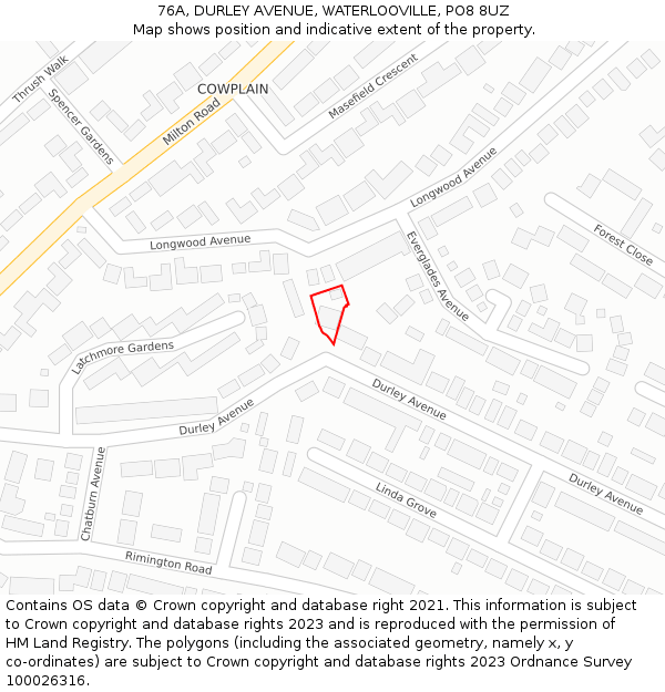 76A, DURLEY AVENUE, WATERLOOVILLE, PO8 8UZ: Location map and indicative extent of plot