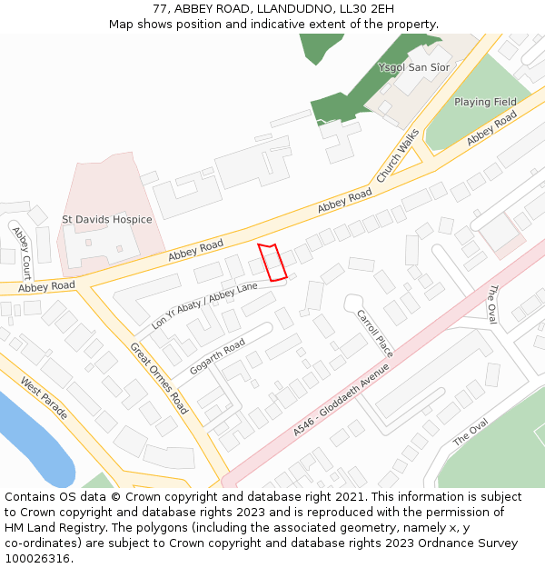 77, ABBEY ROAD, LLANDUDNO, LL30 2EH: Location map and indicative extent of plot