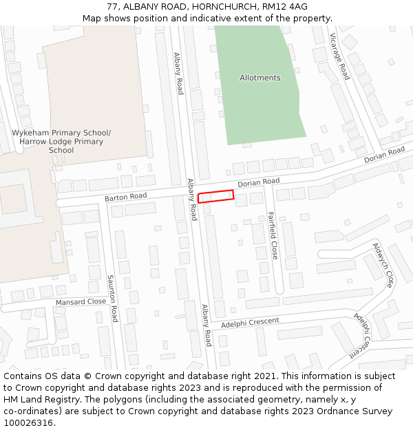 77, ALBANY ROAD, HORNCHURCH, RM12 4AG: Location map and indicative extent of plot