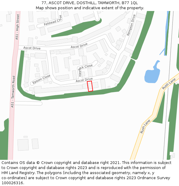 77, ASCOT DRIVE, DOSTHILL, TAMWORTH, B77 1QL: Location map and indicative extent of plot