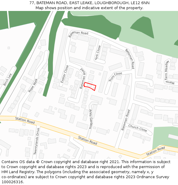 77, BATEMAN ROAD, EAST LEAKE, LOUGHBOROUGH, LE12 6NN: Location map and indicative extent of plot