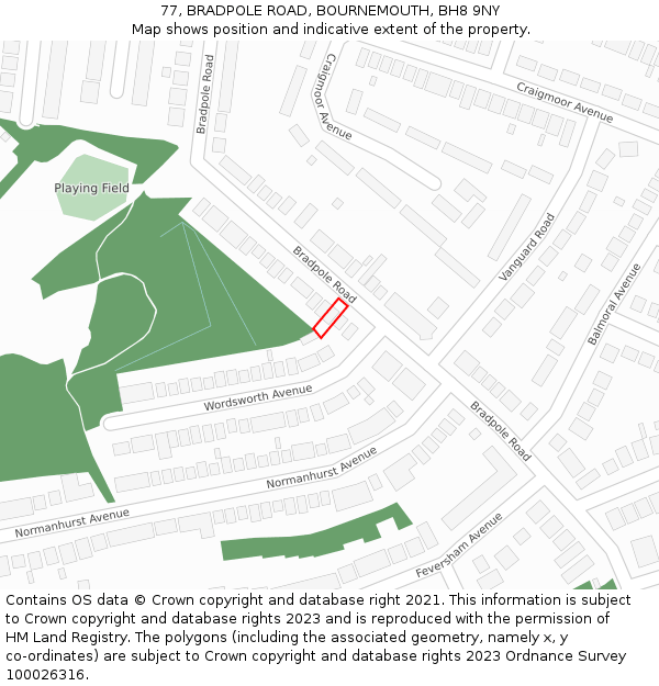 77, BRADPOLE ROAD, BOURNEMOUTH, BH8 9NY: Location map and indicative extent of plot