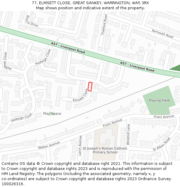 77, ELMSETT CLOSE, GREAT SANKEY, WARRINGTON, WA5 3RX: Location map and indicative extent of plot